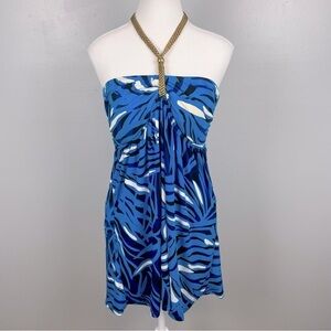 Tropical Escape blue abstract palm print tie neck halter 1 piece swim dress, 14.